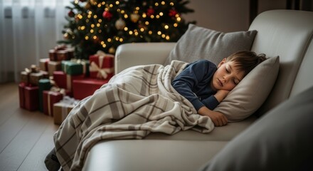 Obraz premium Boy sleeping under blanket on couch with Christmas tree and presents in home.