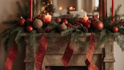 A decorated Christmas mantel, featuring candles, ornaments, and red ribbons - Powered by Adobe