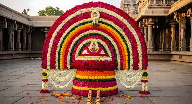 Vibrant Floral Kavadi Aatam Decoration for Murugan Thaipusam Festival with Colorful Arch and Traditional Symbols