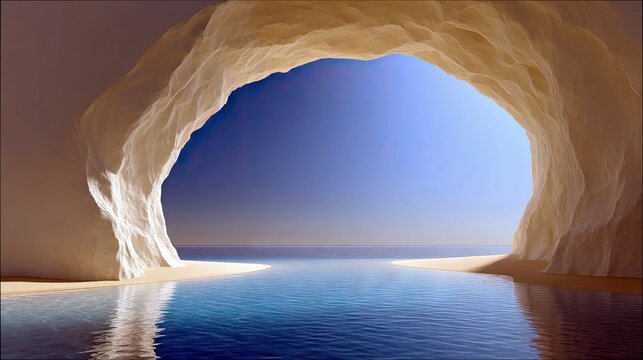 A natural cave opening frames a tranquil scene of a sandy beach and calm blue ocean, with the bright sky visible beyond. The lighting is soft and natural.