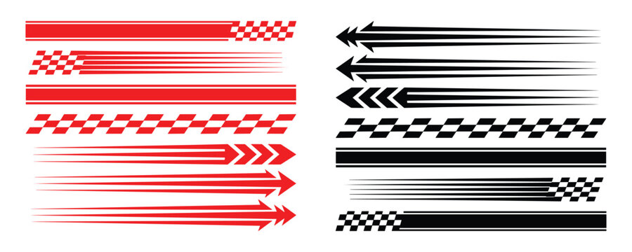 Red and black racing stripes set. Car sticker decals, sport graphic design elements with arrows.
