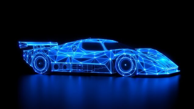 Blue glowing wireframe racecar blueprint presents futuristic automotive design with digital engineering details, holographic lines, aerodynamic structure, and high-tech visualization on a dark reflect