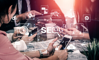 SEO concept for improving SEO visibility, with SEO related digital tools and SEO performance icons shown in an focused layout for strategic marketing. Spline