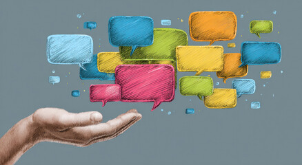 A hand presents a cluster of colorful speech bubbles, symbolizing communication, discussions, and the sharing of ideas in a vibrant and engaging manner, perfect for illustrating concepts of dialogue.