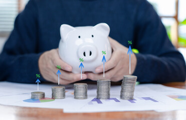 A financial growth concept showing stacked coins, rising investment returns, and smart savings with a piggy bank, representing wealth management, money planning, and long-term financial success.