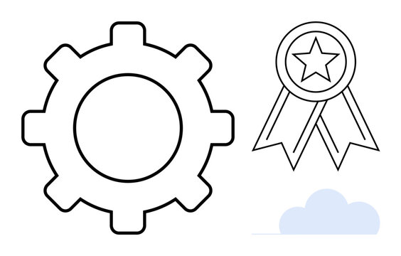 Gear mechanism, award ribbon with star, and cloud outline convey innovation, quality, teamwork, recognition, productivity, success and growth. Ideal for business technology and goal visualization