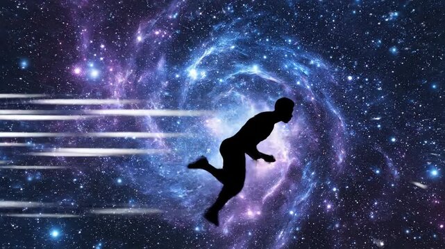 Silhouette figure rushing through energetic swirl abstract background