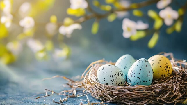 A blue and white bird's nest with four colorful eggs on a rustic wooden surface with a blurred background of blooming white flowers. - Powered by Adobe
