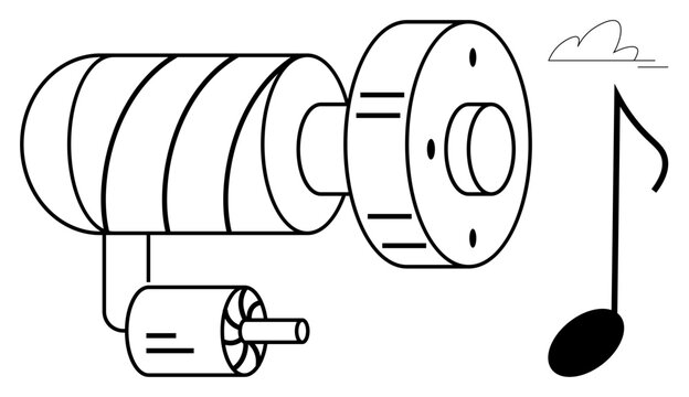 Rotating machine parts with detailed design aligned with a musical note and a small cloud. Ideal for innovation, engineering, creativity, science, music, synergy, concepts. Simple flat metaphor