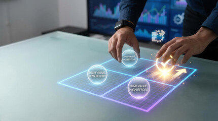 Business digital marketing recruitment management fit market strategy concept with hands interacting on futuristic touchscreen interface