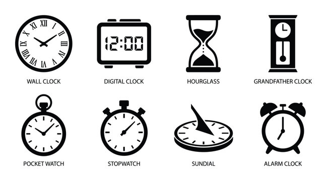 Variety of clocks and timers like wall, digital, hourglass, grandfather, pocket, stopwatch, sundial, alarm