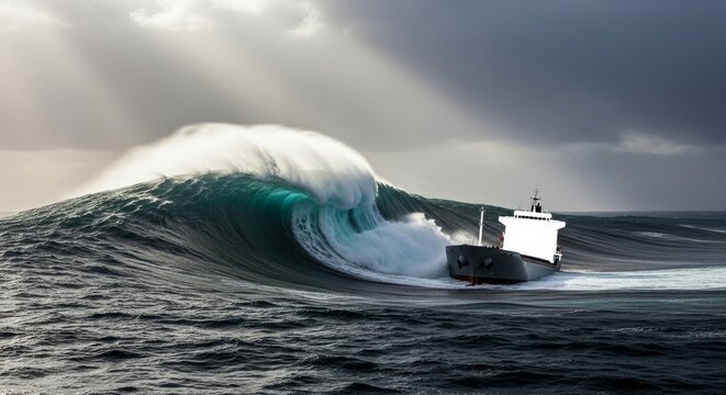 Storm over the ocean with a small boat tossed by white waves beneath a dark sky and clouds, a powerful nature landscape