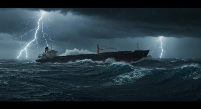 Wide angle view of Massive ocean storm with a huge cargo ship battling violent waves, lightning striking behind, cinematic scene