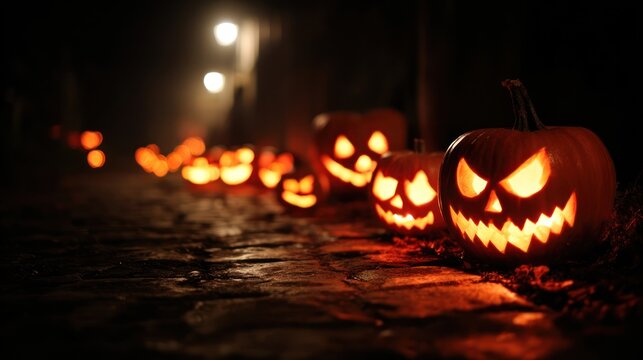 Glowing jack o lanterns carved pumpkins halloween decoration night scene