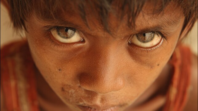 Starving Boy With Expressive Eyes Conveying Hunger and Hardship in a Challenging Environment