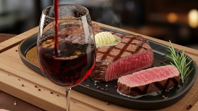Juicy Steak Sizzling and Red Wine Pouring into a Glass Perfect Culinary Experience