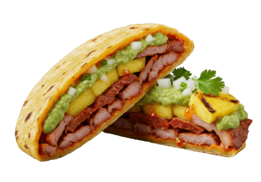 Gourmet Tacos al Pastor cut in half, showcasing steaming pork, vibrant pineapple, chili oil, avocado salsa, garnishes, isolated on transparent, macro low-angle, delicious culinary concept