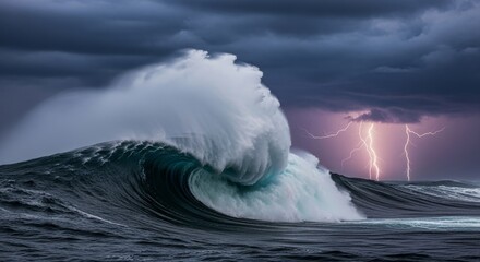 Powerful storm waves crash against the cold blue coast under a dark, cloudy sky