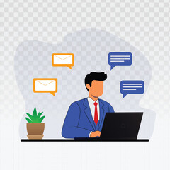 Professional man in a suit working on a laptop with floating email and chat bubbles, representing business communication, remote work, online support, digital messaging, and productivity.