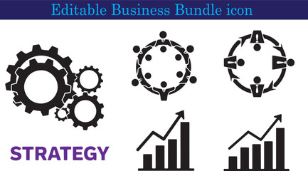 Business Strategy and Growth Icons Representing Teamwork Collaboration and Financial Success depicting interconnected gears circle of people and rising graph for business plans