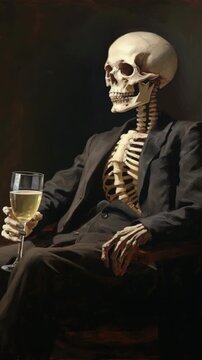 A skeleton in a suit holds a wine glass, seated in a dark setting. Captured from a side angle, this surreal video concept blends elegance with the macabre. Live mobile wallpaper.