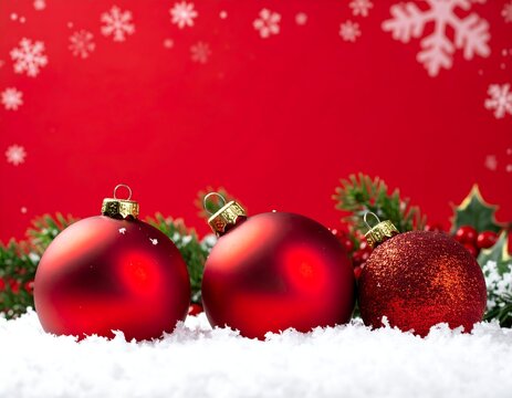 Three red ornaments in snow with a red background and white snowflakes