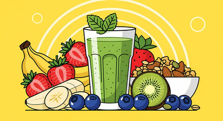 A colorful illustration featuring a glass of green detox smoothie surrounded by fresh fruits, vegetables, and granola, set against a bright yellow background. Represents healthy eating and lifestyle.