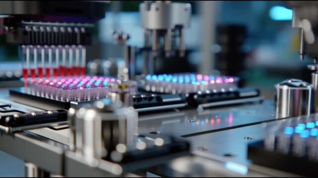 Drug discovery AI. Molecular modeling. Protein structure. Biotech. Biopharma. Genomics. virtual labs. medical research. Automated pipetting in a high-tech laboratory setting.