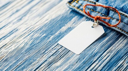 A blank white tag with an orange string is attached to a pair of blue denim jeans, resting on a textured blue wooden surface. The lighting is soft and diffused.