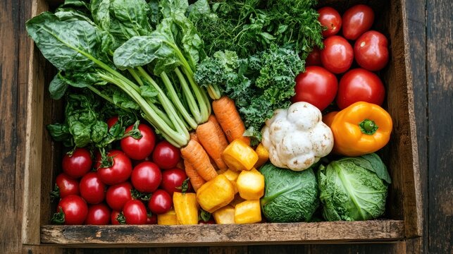A wooden crate filled with a variety of fresh vegetables, including carrots, tomatoes, and broccoli, on a rustic wooden table.
