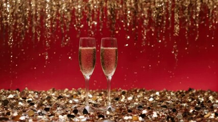 Two champagne flutes filled with bubbly, glitter and red backdrop