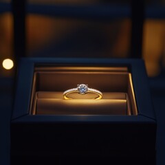 Cinematic lighting shapes the box and highlights the finely crafted ring inside.