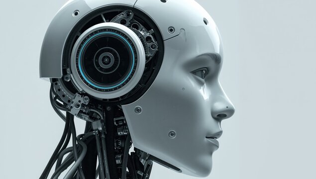 Artificial Being, Side View Smooth Surfaces, Metallic Details, and a Subtle Blue Glow.