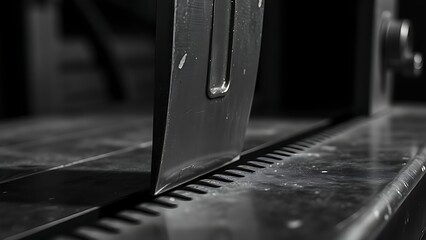 guillotine. Close-up of a guillotine blade with a sharp edge in a dark industrial setting. safety posters, maintenance manuals, designed for precision metalworking and fabrication facilities.