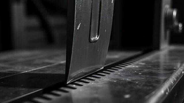 guillotine. Close-up of a guillotine blade with a sharp edge in a dark industrial setting. safety posters, maintenance manuals, designed for precision metalworking and fabrication facilities.