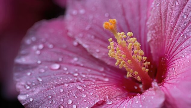 Pink flower, dew drops on petals, vibrant orange stamen