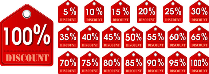 Bold red discount tags vector bundle set featuring percentages from 5% to 100%. Ideal for sales promotions, e-commerce banners, product labels, marketing materials. 
