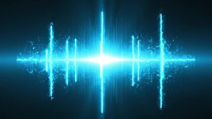 Luminous blue frequency waveform emanates from a central bright point on a dark background - Powered by Adobe