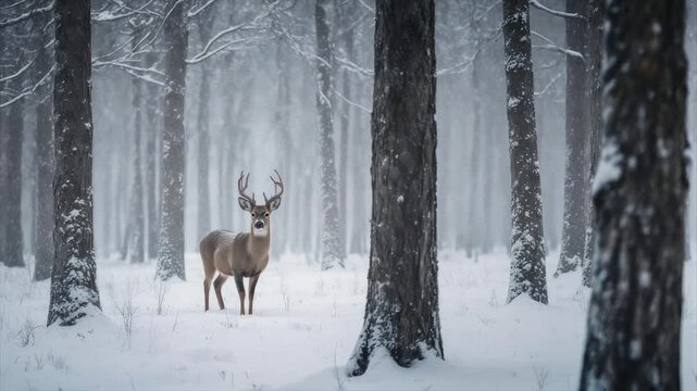 A majestic deer stands in a snowy, snow-covered forest surrounded by tall trees