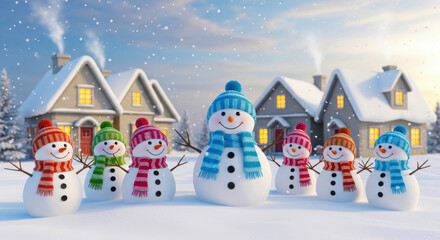 Charming group of diverse snowmen with colorful scarves and hats in a snowy village at dusk
