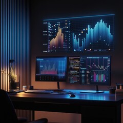 Dynamic glowing graphs project above the desk, conveying predictive modeling and strategic forecasting