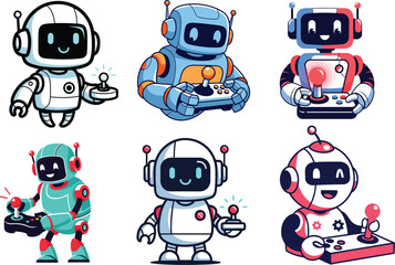 Playful robot mascot logo holding glowing joystick in minimalist 2D flat vector tech design