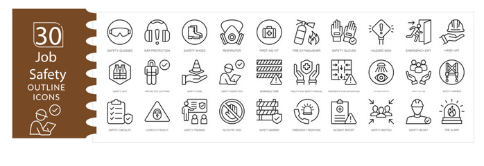 Construction Safety Icon Set,Helmet, Vest, Gear, Worker Protection Vector Pack, Workplace Safety Industrial Icon Collection. Security Symbols, Job Safety Illustration Set .Editable Stroke