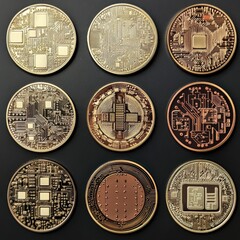 Intricate cyber patterns decorate the surface of each coin, reflecting a rapidly growing digital financial world