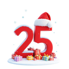 Red 3D number twenty five with snow Santa hat and colorful gift boxes on snowy surface with white background