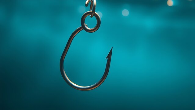 limnetic. Close-up of a metallic fish hook submerged in clear blue water. wildlife magazines, conservation campaigns, designed for eco-tourism storytelling, celebrates biodiversity.