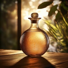 Rounded stylized features, soft reflections, subtle sparkles around the bottle,