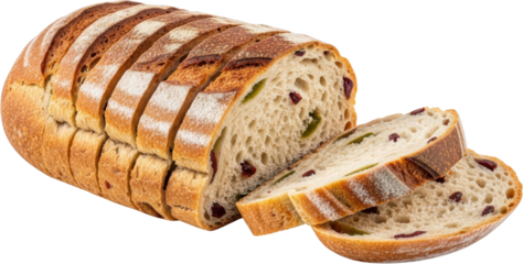 Sliced artisanal bread with cranberries and green olives crusty sourdough loaf healthy food ingredient isolate sliced bread crusty bread baking bakery