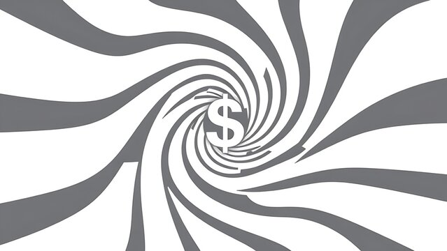 cynicism. A distorted spiral pattern featuring a currency symbol at its center in monochromatic graphic design style. pitch deck slides.