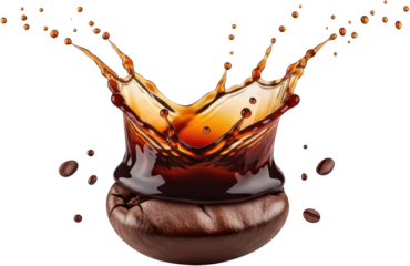 A dark rich coffee splash erupts from a single large coffee bean with several smaller coffee beans scattered around the dynamic beverage splash and isolate